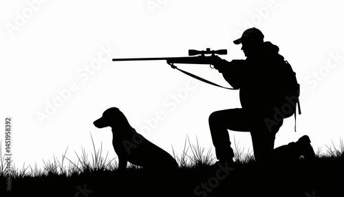 Hunter aiming rifle with dog silhouette on white background, outdoor symbolism