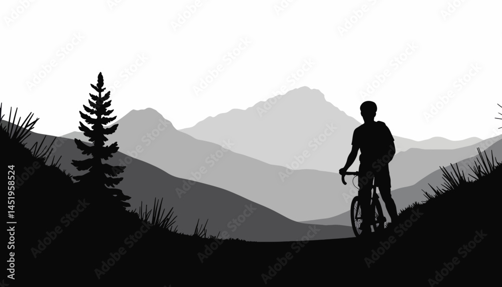 Silhouette of cyclist enjoying mountain vista at sunset, adventure Silhouette of cyclist enjoying mountain vista at sunset, adventure