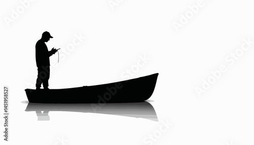 Fisherman casting line in boat silhouette against white background, solitude