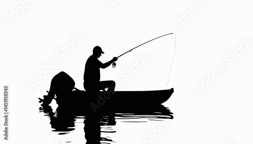 Silhouette of a man fishing from a small boat, tranquil solitude