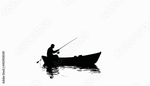 Silhouette of a fisherman casting line in small boat, peaceful solitude