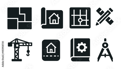 Architecture and construction solid icons set – blueprint, design, engineering symbols