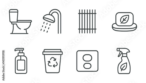 Household cleaning and hygiene icons set – line, outline, sanitation symbols