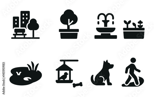 Urban park silhouette icons set – filled, solid, nature and recreation symbols