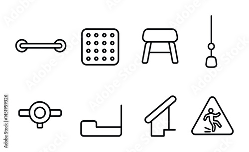 Bathroom safety outline icons set – line, silhouette, accessibility and hygiene symbols