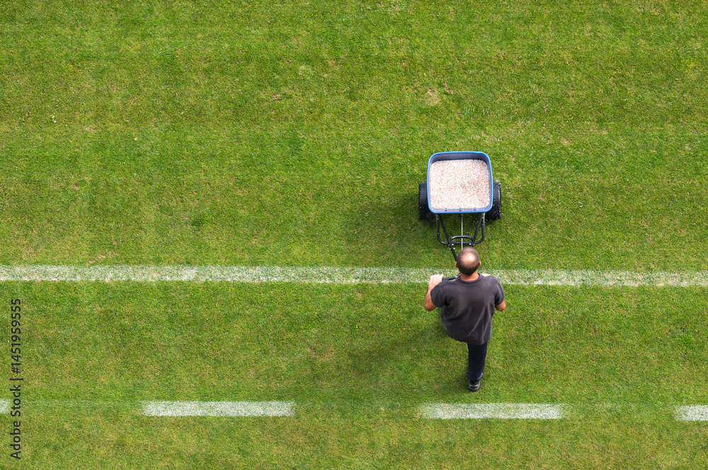 Groundsman spreads fertilizer for grass on a football pitch