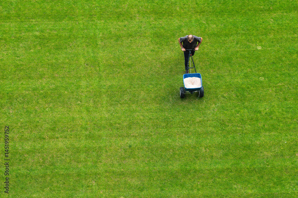 Groundsman spreads fertilizer for grass on a football pitch