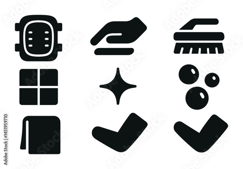 Cleaning tools solid icons set – flat, filled, equipment and maintenance symbols
