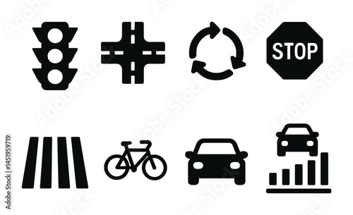 Traffic and road signs solid icons set – flat, filled, transportation and safety symbols