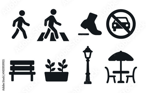 Urban and park solid icons set – silhouette, outline, city and outdoor symbols