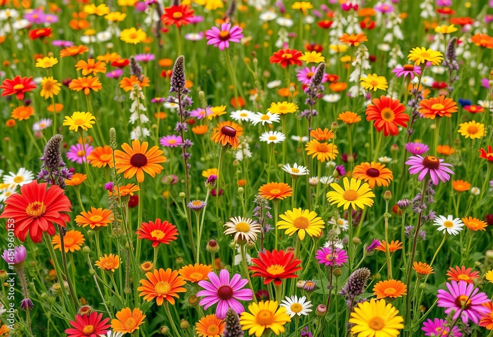 Vibrant wildflowers in a continuous summer meadow pattern, buttercup, graphic Vibrant wildflowers in a continuous summer meadow pattern, buttercup, graphic