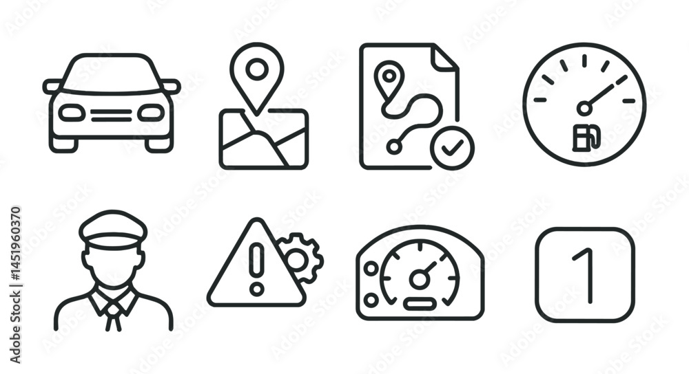 Navigation and travel outline icons set – route, gps, map and transport symbols Navigation and travel outline icons set – route, gps, map and transport symbols