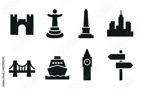 Landmark and architecture silhouette icons set – solid, filled, buildings and monuments