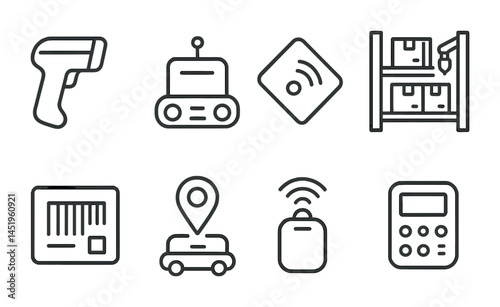 Warehouse and logistics linear icons set – outline, shipping and inventory symbols