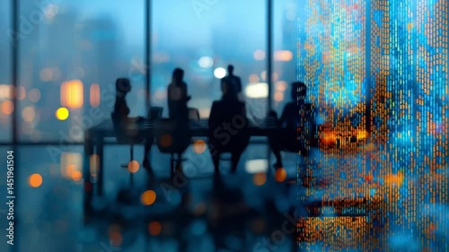 Silhouetted business meeting in a modern office with digital data overlay and city skyline