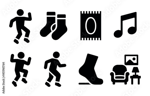 Dance and music solid icons set – filled, silhouette, rhythmic symbols