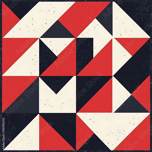 Abstract geometric pattern featuring red, black, and off white triangles arranged in a grid like formation against a dark speckled background. The design evokes a sense of modern minimalism and