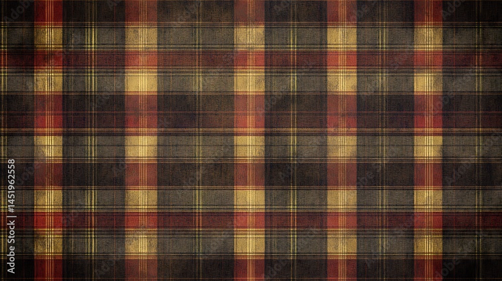 Abstract grunge texture with red, brown, and gold plaid pattern. Dark background with distressed, faded effect. Vertical lines create a woven look. High contrast and gritty feel Abstract grunge texture with red, brown, and gold plaid pattern. Dark background with distressed, faded effect. Vertical lines create a woven look. High contrast and gritty feel