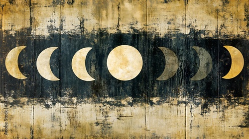 Abstract art depicting the phases of the moon on a textured, grunge background. The moon phases are rendered in shades of gold and off white against a dark background with hints of beige and brown. 