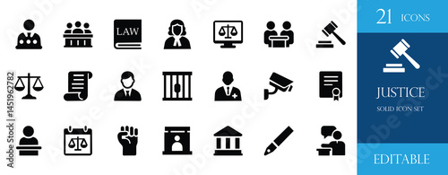 Solid black justice and law icon set featuring judge, lawyer, scale, gavel, court, police, CCTV, certificate and legal symbols. Perfect for legal, government, and justice-related designs