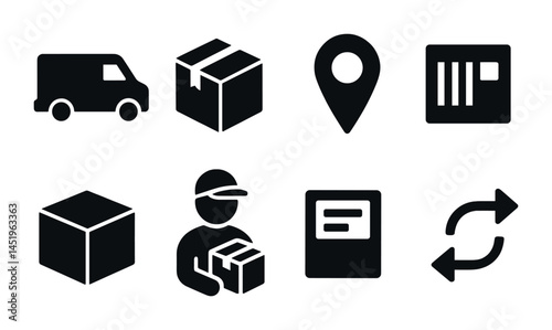 Delivery and shipping icons set – solid, filled, logistics and parcel symbols