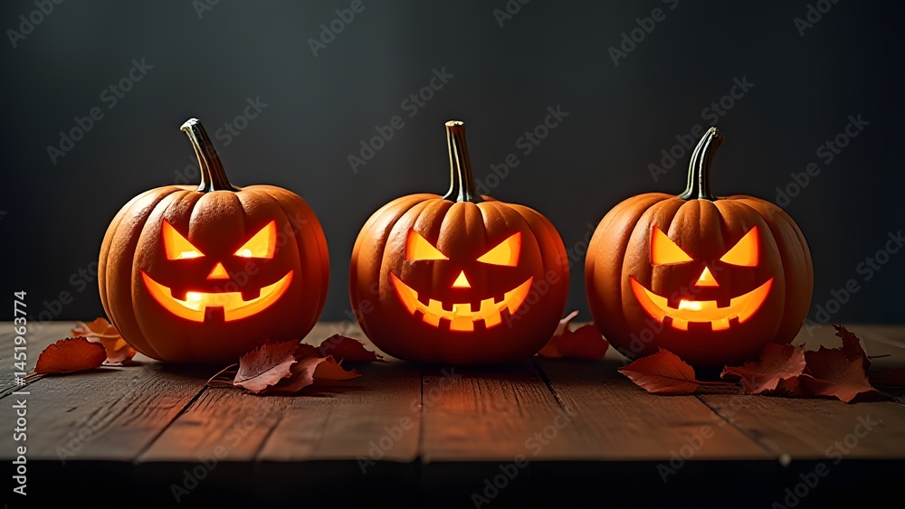 Fototapeta premium Spooky Halloween Jack O Lanterns on Wooden Table