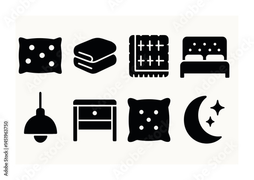 Home and bedroom silhouette icons set – furniture, decor, sleep essentials