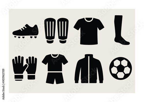 Sports equipment solid icons set – silhouette, filled, athletic gear symbols