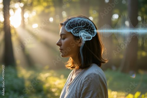 Woman with brain and sound waves in nature, mental health.