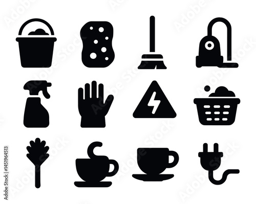 Cleaning and household solid icons set – filled, home maintenance, hygiene symbols
