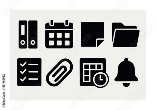 Office and productivity solid icons set – filled, organization, efficiency symbols
