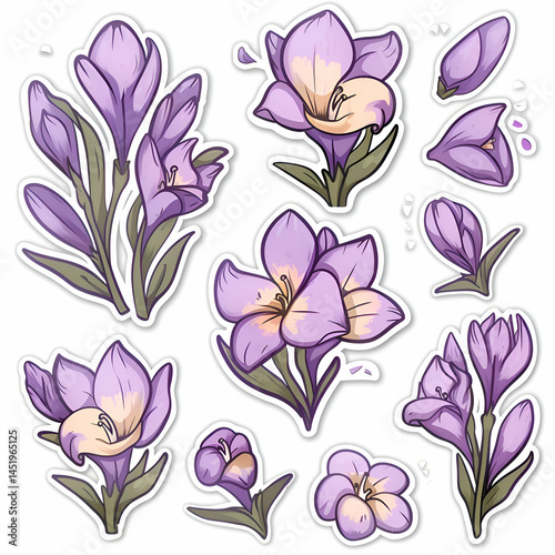 Freesia Flower Stickers. Purple Floral Botanical Illustrations