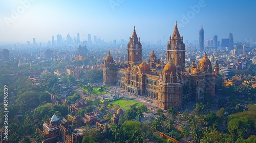 Aerial view of the Chhatrapati Shivaji Maharaj Terminus in Mumbai, India, with cityscape in background