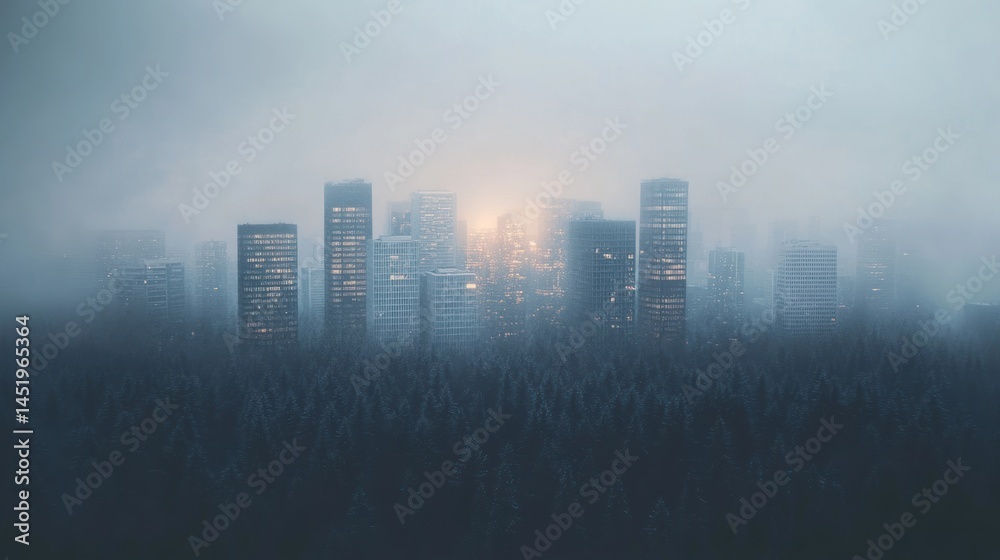 Fototapeta premium Misty Cityscape: Skyscrapers Emerging from a Foggy Forest