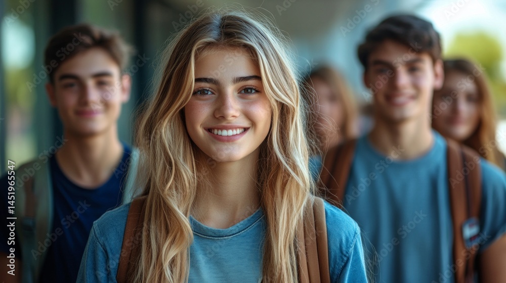 Fototapeta premium Smiling student with backpack standing against the background of her peers in the university corridor. Ideal for educational materials, advertising of educational institutions, social projects.