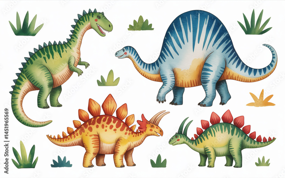 Fototapeta premium Watercolor illustration of various dinosaurs and green plants.