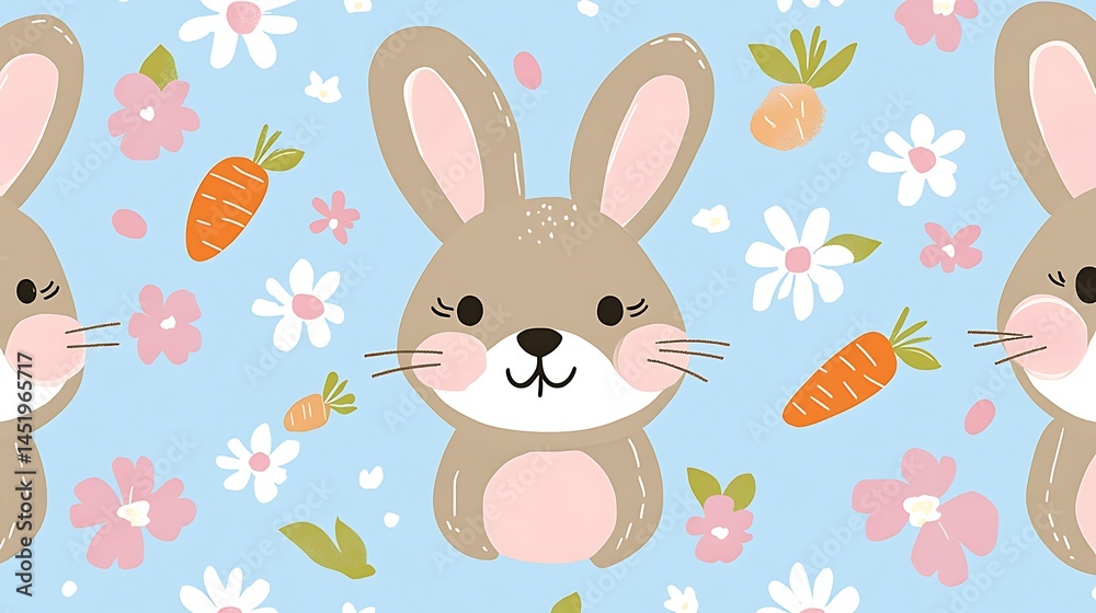 Obraz premium Light blue background, repeating pattern of cute cartoon bunnies, pink flowers, and orange carrots. Simple, childlike illustration style