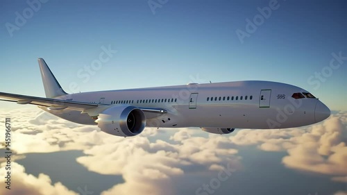 White Passenger Airplane Soaring Through Fluffy Clouds in a Bright Blue Sky