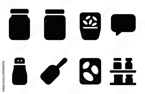 Grocery and kitchen solid icons set – food, ingredients, pantry essentials