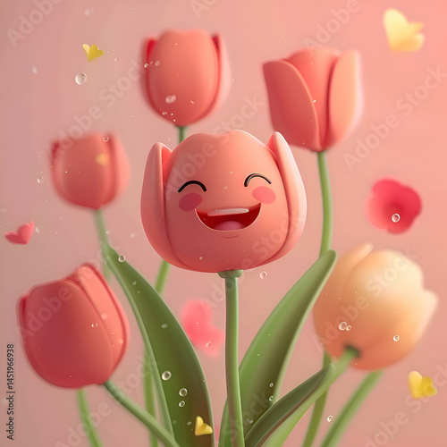 Smiling Tulip. A cheerful 3D illustration of a happy tulip surrounded by other blossoms