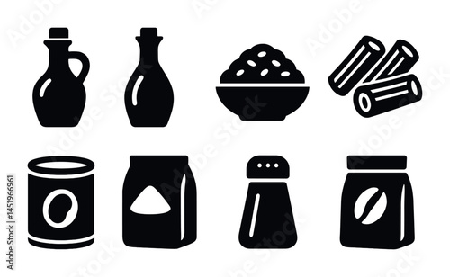 Food and cooking solid icons set – silhouette, filled, kitchen and ingredient symbols