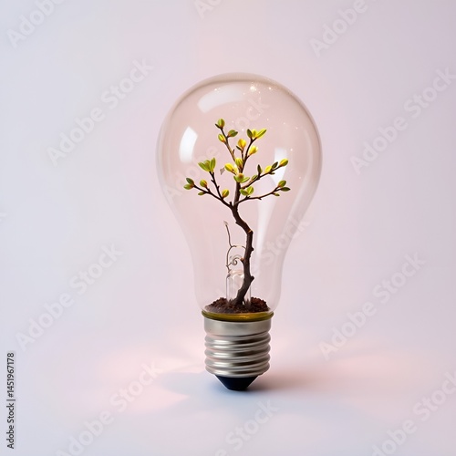 Glass light bulb with small green tree inside glowing with warm light on white background, symbolizing sustainability, green energy, nature, and eco-friendly innovation