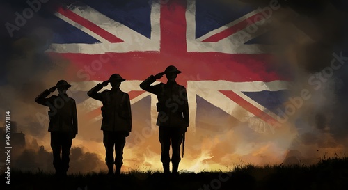 Soldiers Silhouetted Saluting Against British Flag in Grassy Field at Sunset, Evoking Remembrance & Respect; Textured Digital Painting, Moody, Patriotic, Commemorative