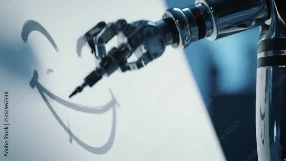 Robot hand creates a smiling face art piece in modern studio setting Robot hand creates a smiling face art piece in modern studio setting