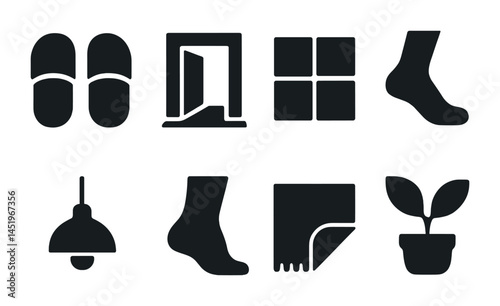 Home essentials silhouette icons set – decor, household, daily use symbols