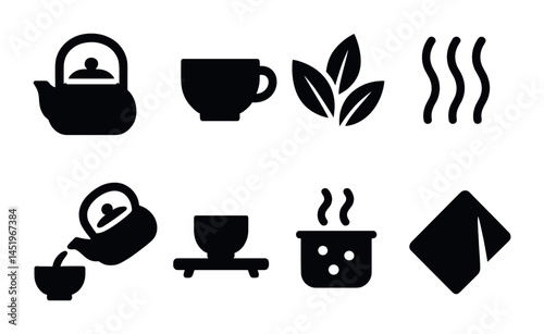 Tea and beverage solid icons set – silhouette, filled, drink and kitchenware symbols