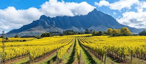 Picturesque Stellenbosch Vineyards with Majestic Mountain Backdrop Under Cloudy Skies