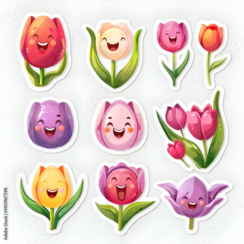 Adorable Smiling Tulips. Cute Cartoon Flower Stickers