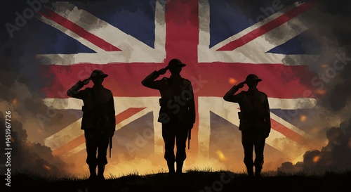 Silhouette of British Soldiers Saluting Heroically Against a UK Flag Backdrop, Set in a Somber Artistic Style on a Smoky Battlefield Commemorating Remembrance