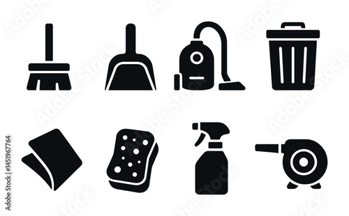 Cleaning tools silhouette icons set – sanitation, hygiene, household symbols